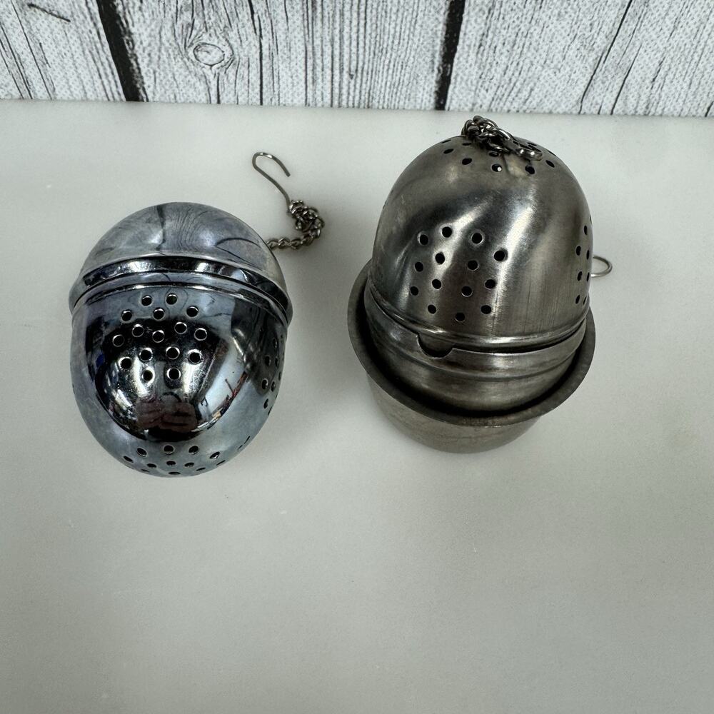 2 Vintage Tea Ball Infuser Egg Shape with Holder Hook Chain